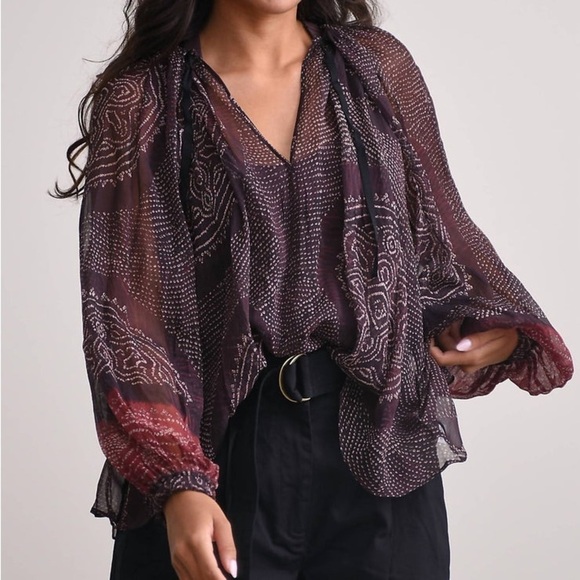 NEW Ulla Johnson Pauline Metallic Peasant Garnet Sheer Transparent Puff Sleeve 6 - Picture 9 of 10